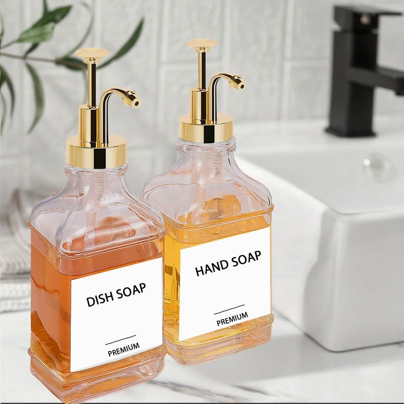 Hoousuper Dish Soap Dispenser for Kitchen, Hand Glass Soap Dispenser Set with Pump, Funnel for Bathroom, Shower, Laundry, Liquid, Lotion (Gold 2 Pack 18 Oz Clear Bottles with 12 Stickers) - Image 5